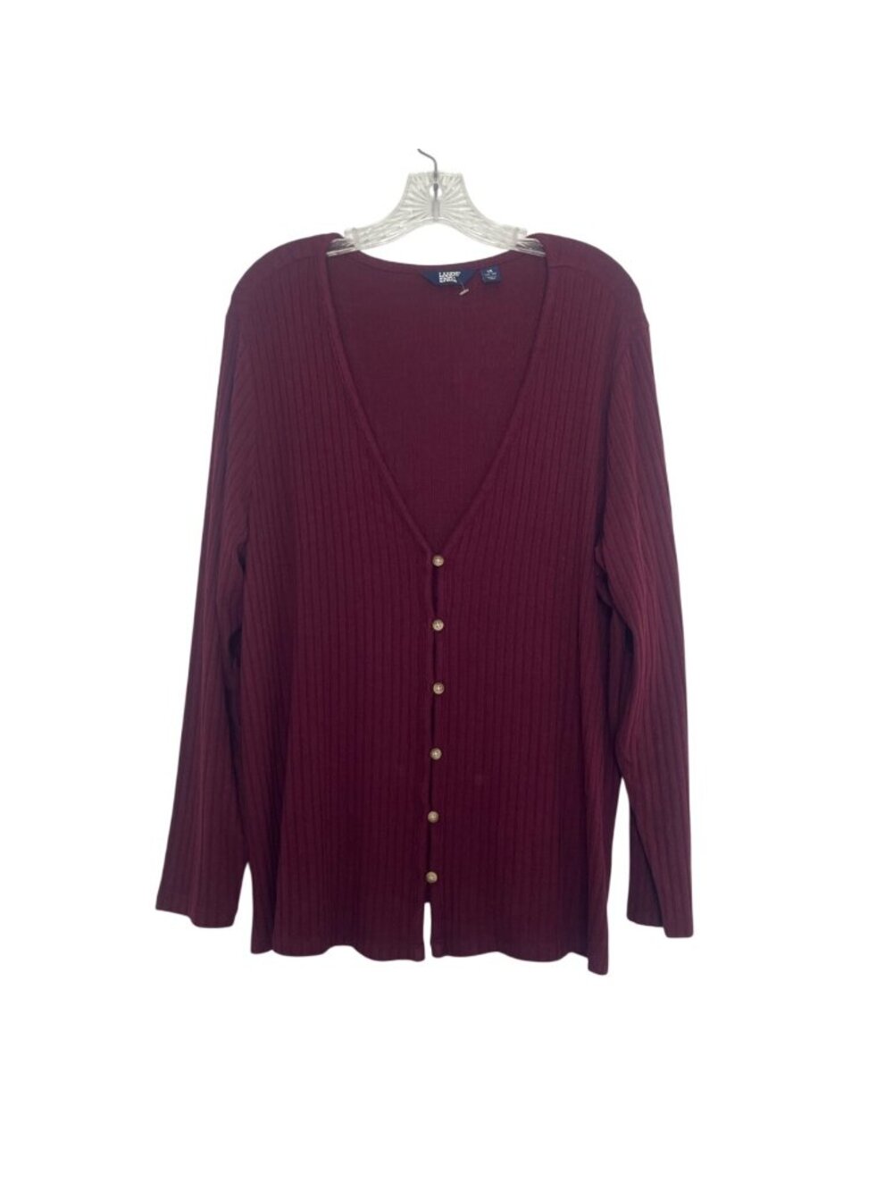 Lands End Ribbed Cardigan Sweater Long Sleeve Button Up 1X Burgundy New WOT